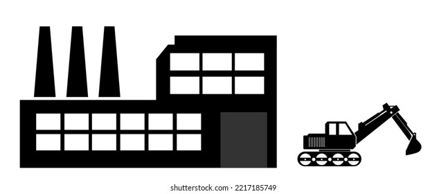 Factory And Excavator Black Icon, Flat Style