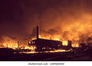 Factory Fire. The Industrial Building Is On Fire. Night Fire At The Factory. Natural Disaster Caused By Deliberate Arson. 3D Image