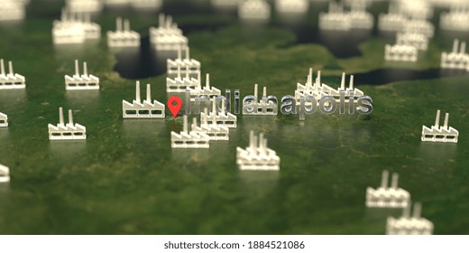 Factory Icons Near Indianapolis City On The Map, Industrial Production Related  3D Rendering