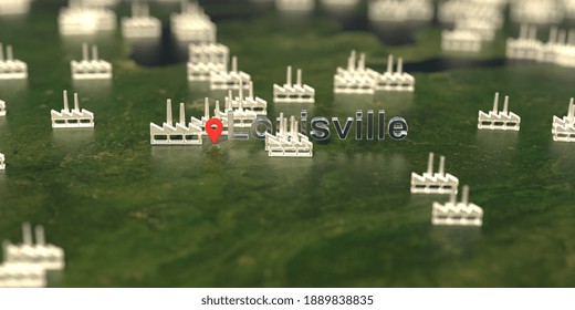 Factory Icons Near Louisville City On The Map, Industrial Production Related  3D Rendering