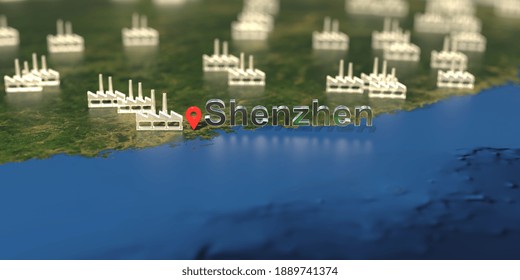 Factory Icons Near Shenzhen City On The Map, Industrial Production Related  3D Rendering