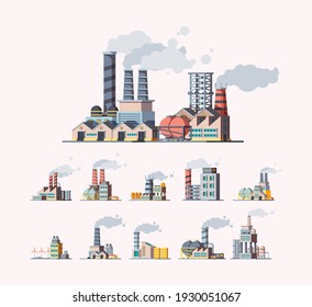 Factory. Industrial buildings manufactures air pollution flat pictures