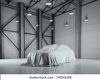 Factory Loft Hangar With Photo Studio And Covered With Cloth Car. 3d Rendering