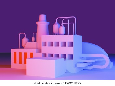 Factory Model. Volumetric Pink Plant. Manufactory Building With Tanks On Roof. Manufacture Building. Modern Factory On Purple. Miniature Plant. Industrial Architecture Concept. 3d Rendering.