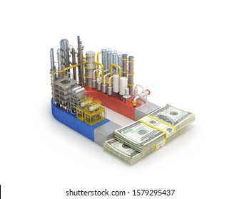 Factory, Money. The Magnet On Which The Factory Stands. 3d Illustration