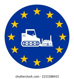 Factory Relocation By Goods Lift On A EU Flag, Illustration Flat Style