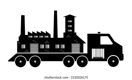 Factory Relocation By Truck, Black Icon Flat Style