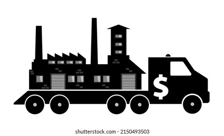 Factory Relocation By Truck, Black Icon Flat Style