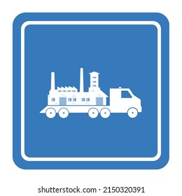 Factory Relocation By Truck, Blue Sign Flat Style