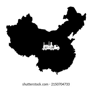 Factory Relocation By Truck In China, Black Icon Flat Style