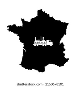 Factory Relocation By Truck On A France Map, Black Icon Flat Style