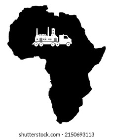 Factory Relocation By Truck On An Africa Map, Black Icon Flat Style