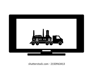 Factory Relocation By Truck On A Screen, Black Icon Flat Style