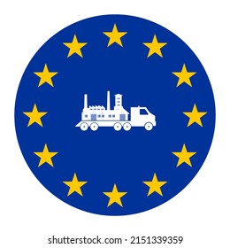 Factory Relocation By Truck On A EU Flag, Illustration Flat Style