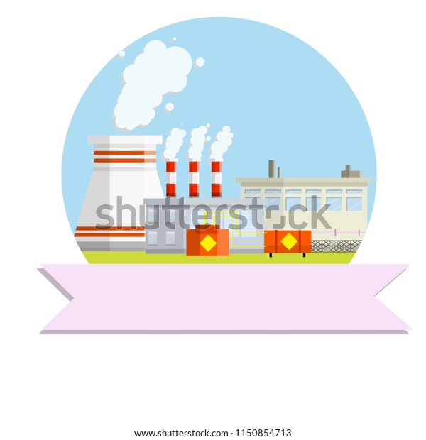 Factory with smoke pipes.\
Fuel tank. Power plants and urban landscape. The technical\
mechanical building. place of work with text logo ribbon - cartoon\
flat\
illustration\
