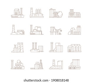 Factory Symbols. Industrial City Smoke Pipe Energy Production Buildings Steam Clouds Icon Set