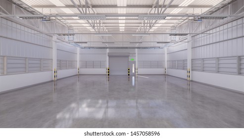 Factory Or Warehouse Or Industrial Building. Protection With Roller Door Or Roller Shutter. Modern Interior Design With Concrete Floor, Steel Wall And Empty Space For Industry Background. 3d Render.