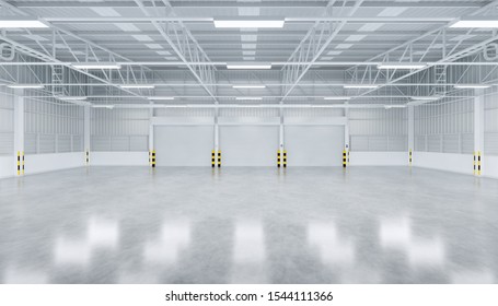 Factory Or Warehouse Or Industrial Building. Protection With Roller Door Or Roller Shutter. Modern Interior Design With Concrete Floor, Steel Wall And Empty Space For Industry Background. 3d Render.