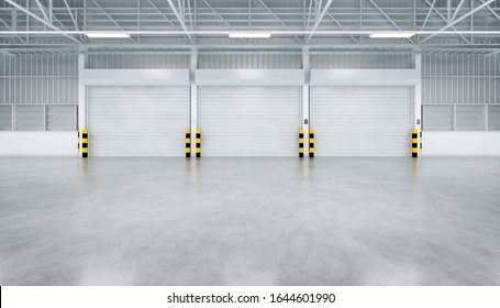 Factory Or Warehouse Or Industrial Building. Protection With Roller Door Or Roller Shutter. Modern Interior Design With Concrete Floor, Steel Wall And Empty Space For Industry Background. 3d Render.