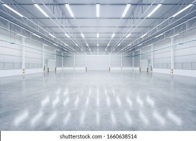 Factory Or Warehouse Or Industrial Building. Protection With Roller Door Or Roller Shutter. Modern Interior Design With Concrete Floor, Steel Wall And Empty Space For Industry Background. 3d Render.