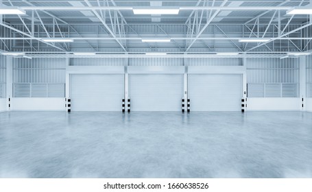 Factory or warehouse or industrial building. Protection with roller door or roller shutter. Modern interior design with concrete floor, steel wall and empty space for industry background. 3d render.