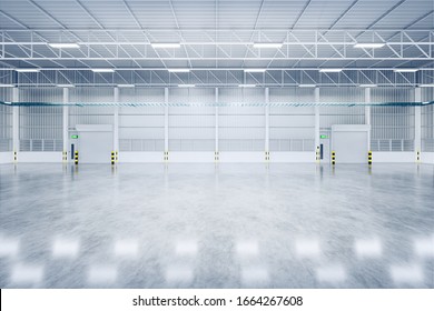 Factory Or Warehouse Or Industrial Building. Protection With Roller Door Or Roller Shutter. Modern Interior Design With Concrete Floor, Metal Wall And Empty Space For Industry Background. 3d Render.