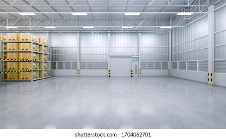 Factory Or Warehouse Or Industrial Building. Protection With Roller Door Or Roller Shutter. Modern Interior Design With Concrete Floor, Steel Wall And Empty Space For Industry Background. 3d Render.