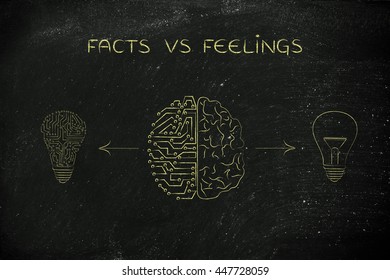 Facts Vs Feelings: Human And Artificial Brain Producing Different Types Of Ideas (lightbulb Symbol And Circuit Version)