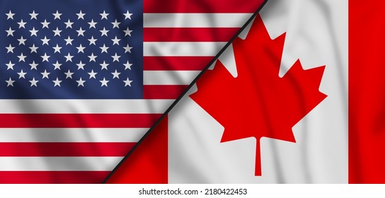 Faded Canada Vs USA National Flags Icon Isolated On Broken Cracked Wall Background, Abstract Canada US Politics Economy Relationship Friendship Divided Conflicts. 3d Illustration.