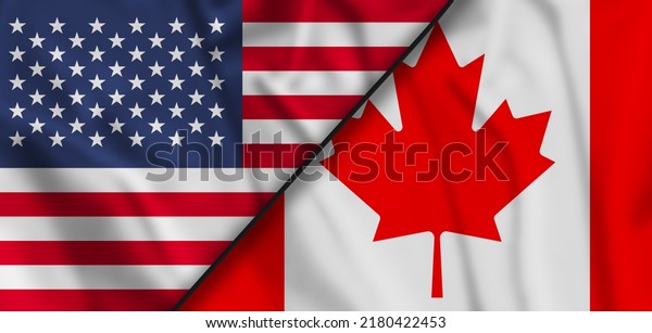 Faded\
Canada vs USA national flags icon isolated on broken cracked wall\
background, abstract Canada US politics economy relationship\
friendship divided conflicts. 3d\
illustration.