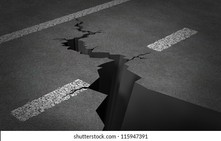 Failed strategy and journey problems with an asphalt highway with painted lines and broken by a huge crack as business or life concept of road blocks and challenging obstacles to a planned path.
