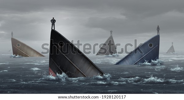 Failing industry\
business metaphor and failed corporate industries concept as\
stranded business people lost at sea as an idea for financial\
crisis in a 3D illustration\
style.