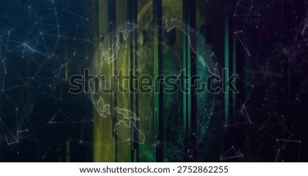 Faint mesh orb with land map hovering over green-yellow light bands with nodes in virtual space. Globe, wireframe, continents, transparent, futuristic, digital, visualization
