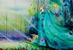Fairies Of Fantasy World With Lights And Ethereal Animals. Handmade Airbrushing Illustration For Children's Book. 