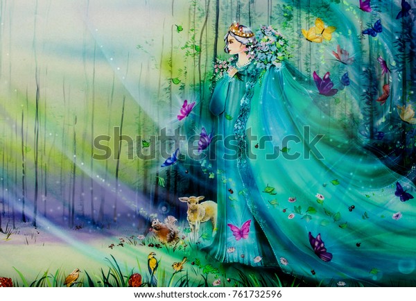 Fairies of fantasy world with lights and ethereal animals. Handmade airbrushing illustration for children's book. 