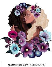 Fairies Flowers for fabric design  Beautiful flowers and two friends  Black lives matter 