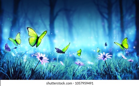 Fairy Butterflies In Mystic Forest - Contain 3d Illustration
