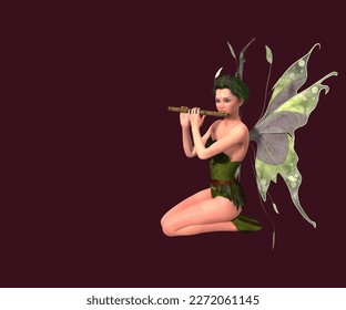 The fairy and butterfly wings sits perched atop delicate flower  her wings glistening in the sunlight  As she sits  she delicately holds small wooden flute  her fingers moving effortlessly across