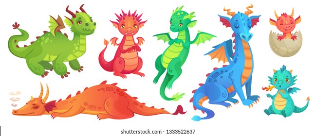 Fairy dragons. Funny fairytale dragon, cute magic lizard with wings and baby fire breathing serpent. Flying dragon medieval reptile flies fantasy baby monster cartoon isolated  icons set