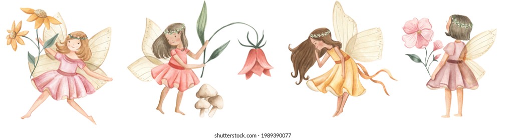   Ilustración de acuarela de hadas y flores para niñas 