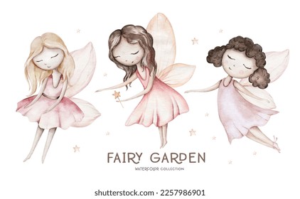 Fairy and Flowers watercolor isolated kids illustration for girls. Cartoon pink magic girl baby shower poster. Happy Birthday kid card.