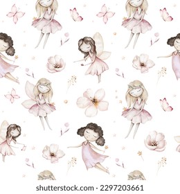 Fairy and Flowers watercolor seamless girls nursery pattern. Cartoon pink magic girl baby background. Faitytale textile art.