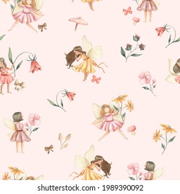 Fairy And Flowers Watercolor Seamless Pattern Illustration 