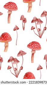 Fairy fly agaric and toadstool pattern. Woodland red mushroom and grebe background. Magic amanita dabchick