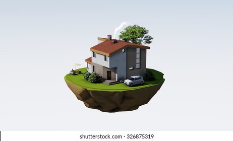 Fairy Flying Island With Modern House, Car, Threes And Relaxing People.