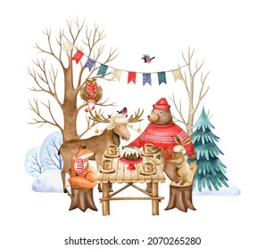Fairy forest animals celebrate Christmas in a woodland. Watercolor hand drawn illustration with stylized rabbit, fox, bear, elk, birds and owl at the table. Scene for greeting cards and invitations.