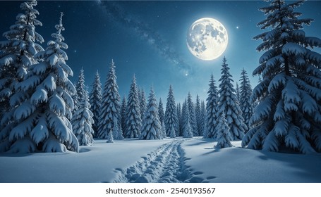 Fairy forest covered with snow in a moon light Milky way in a starry sky Christmas and New Year winter Night - Powered by Shutterstock