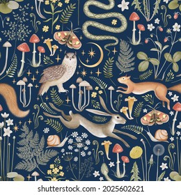 Fairy forest seamless pattern. Moon, stars, hare, squirrel, owl, flowers and mushrooms on a dark blue background. 