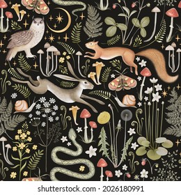 Fairy forest seamless pattern. Moon, stars, hare, squirrel, owl, flowers and mushrooms on a black background. 