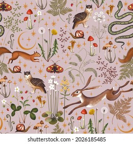 Fairy forest seamless pattern. Moon, stars, hare, squirrel, owl, flowers and mushrooms on a light purple background. 